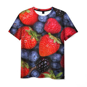 Мужская футболка 3D с принтом Berries в Екатеринбурге, 100% полиэфир | прямой крой, круглый вырез горловины, длина до линии бедер | strawberry | vegan | vegetarian | веган | вегетарианство | земляника | йога | клубника | фитнес | черника | ягода
