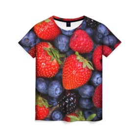 Женская футболка 3D с принтом Berries в Екатеринбурге, 100% полиэфир ( синтетическое хлопкоподобное полотно) | прямой крой, круглый вырез горловины, длина до линии бедер | strawberry | vegan | vegetarian | веган | вегетарианство | земляника | йога | клубника | фитнес | черника | ягода