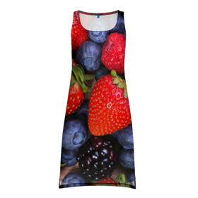 Платье-майка 3D с принтом Berries в Екатеринбурге, 100% полиэстер | полуприлегающий силуэт, широкие бретели, круглый вырез горловины, удлиненный подол сзади. | strawberry | vegan | vegetarian | веган | вегетарианство | земляника | йога | клубника | фитнес | черника | ягода