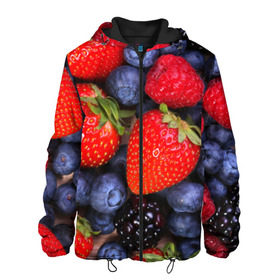 Мужская куртка 3D с принтом Berries в Екатеринбурге, ткань верха — 100% полиэстер, подклад — флис | прямой крой, подол и капюшон оформлены резинкой с фиксаторами, два кармана без застежек по бокам, один большой потайной карман на груди. Карман на груди застегивается на липучку | Тематика изображения на принте: strawberry | vegan | vegetarian | веган | вегетарианство | земляника | йога | клубника | фитнес | черника | ягода