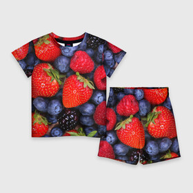 Детский костюм с шортами 3D с принтом Berries в Екатеринбурге,  |  | strawberry | vegan | vegetarian | веган | вегетарианство | земляника | йога | клубника | фитнес | черника | ягода