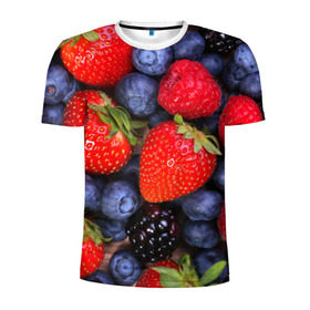 Мужская футболка 3D спортивная с принтом Berries в Екатеринбурге, 100% полиэстер с улучшенными характеристиками | приталенный силуэт, круглая горловина, широкие плечи, сужается к линии бедра | Тематика изображения на принте: strawberry | vegan | vegetarian | веган | вегетарианство | земляника | йога | клубника | фитнес | черника | ягода