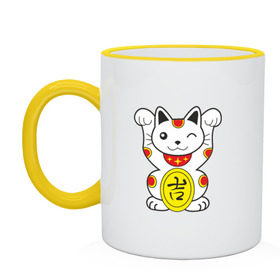 Кружка двухцветная с принтом Японский котик в Екатеринбурге, керамика | объем — 330 мл, диаметр — 80 мм. Цветная ручка и кайма сверху, в некоторых цветах — вся внутренняя часть | иероглиф | кот | япония