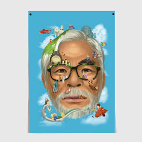 Постер с принтом Хаяо Миядзаки в Екатеринбурге, 100% бумага
 | бумага, плотность 150 мг. Матовая, но за счет высокого коэффициента гладкости имеет небольшой блеск и дает на свету блики, но в отличии от глянцевой бумаги не покрыта лаком | Тематика изображения на принте: hayao miyazaki | поньо | тоторо | унесенные