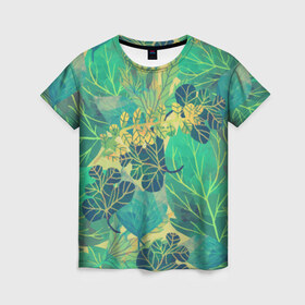 Женская футболка 3D с принтом Узор из листьев в Екатеринбурге, 100% полиэфир ( синтетическое хлопкоподобное полотно) | прямой крой, круглый вырез горловины, длина до линии бедер | зелень | лето | листья | мозаика | узор