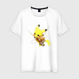 Мужская футболка хлопок с принтом Attack on Titan - Pikachu в Екатеринбурге, 100% хлопок | прямой крой, круглый вырез горловины, длина до линии бедер, слегка спущенное плечо. | 