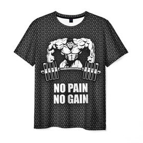 Мужская футболка 3D с принтом No pain no gain 2 в Екатеринбурге, 100% полиэфир | прямой крой, круглый вырез горловины, длина до линии бедер | bodybuilding | no pain no gain | train hard | бодибилдинг | качалка | пауэрлифинг | тренажерный | фитнес