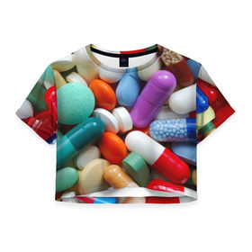 Женская футболка 3D укороченная с принтом Pills в Екатеринбурге, 100% полиэстер | круглая горловина, длина футболки до линии талии, рукава с отворотами | пилюли | флу