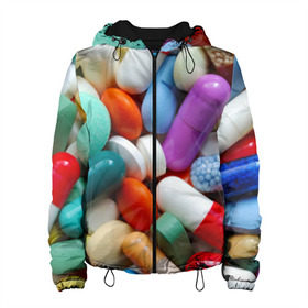 Женская куртка 3D с принтом Pills в Екатеринбурге, ткань верха — 100% полиэстер, подклад — флис | прямой крой, подол и капюшон оформлены резинкой с фиксаторами, два кармана без застежек по бокам, один большой потайной карман на груди. Карман на груди застегивается на липучку | пилюли | флу