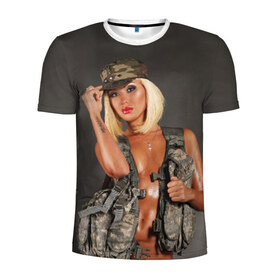 Мужская футболка 3D спортивная с принтом Девушка в форме в Екатеринбурге, 100% полиэстер с улучшенными характеристиками | приталенный силуэт, круглая горловина, широкие плечи, сужается к линии бедра | армия | девушка воин | камуфляж | оружие
