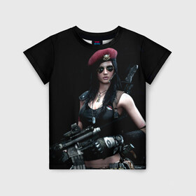 Детская футболка 3D с принтом Девушка воин в Екатеринбурге, 100% гипоаллергенный полиэфир | прямой крой, круглый вырез горловины, длина до линии бедер, чуть спущенное плечо, ткань немного тянется | бирет | девушка воин | камуфляж | оружие | очки