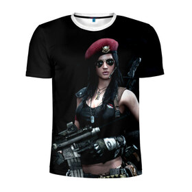 Мужская футболка 3D спортивная с принтом Девушка воин в Екатеринбурге, 100% полиэстер с улучшенными характеристиками | приталенный силуэт, круглая горловина, широкие плечи, сужается к линии бедра | бирет | девушка воин | камуфляж | оружие | очки