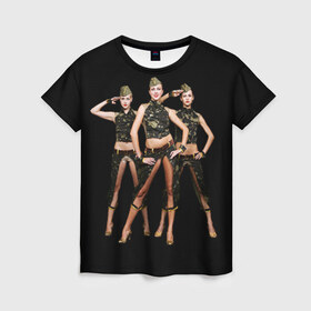 Женская футболка 3D с принтом Девушки в форме в Екатеринбурге, 100% полиэфир ( синтетическое хлопкоподобное полотно) | прямой крой, круглый вырез горловины, длина до линии бедер | армия | вооруженные силы россия | девушки в форме