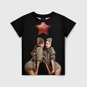 Детская футболка 3D с принтом Девушки в форме в Екатеринбурге, 100% гипоаллергенный полиэфир | прямой крой, круглый вырез горловины, длина до линии бедер, чуть спущенное плечо, ткань немного тянется | Тематика изображения на принте: армия | военная форма | девушки | россия | рэтро | ссср