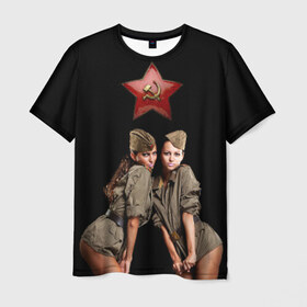 Мужская футболка 3D с принтом Девушки в форме в Екатеринбурге, 100% полиэфир | прямой крой, круглый вырез горловины, длина до линии бедер | Тематика изображения на принте: армия | военная форма | девушки | россия | рэтро | ссср