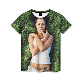 Женская футболка 3D с принтом Джоли Анджелина в Екатеринбурге, 100% полиэфир ( синтетическое хлопкоподобное полотно) | прямой крой, круглый вырез горловины, длина до линии бедер | анджелина | девушка | джоли | лежит | тату