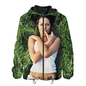 Мужская куртка 3D с принтом Джоли Анджелина в Екатеринбурге, ткань верха — 100% полиэстер, подклад — флис | прямой крой, подол и капюшон оформлены резинкой с фиксаторами, два кармана без застежек по бокам, один большой потайной карман на груди. Карман на груди застегивается на липучку | Тематика изображения на принте: анджелина | девушка | джоли | лежит | тату