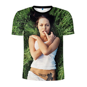 Мужская футболка 3D спортивная с принтом Джоли Анджелина в Екатеринбурге, 100% полиэстер с улучшенными характеристиками | приталенный силуэт, круглая горловина, широкие плечи, сужается к линии бедра | анджелина | девушка | джоли | лежит | тату