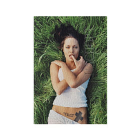 Обложка для паспорта матовая кожа с принтом Джоли Анджелина в Екатеринбурге, натуральная матовая кожа | размер 19,3 х 13,7 см; прозрачные пластиковые крепления | Тематика изображения на принте: анджелина | девушка | джоли | лежит | тату