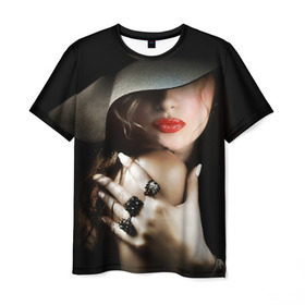 Мужская футболка 3D с принтом Загадочная девушка в Екатеринбурге, 100% полиэфир | прямой крой, круглый вырез горловины, длина до линии бедер | Тематика изображения на принте: губы | девушка | загадочная | перстни | шляпа
