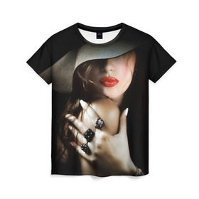 Женская футболка 3D с принтом Загадочная девушка в Екатеринбурге, 100% полиэфир ( синтетическое хлопкоподобное полотно) | прямой крой, круглый вырез горловины, длина до линии бедер | губы | девушка | загадочная | перстни | шляпа