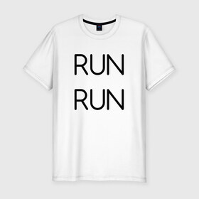 Мужская футболка премиум с принтом RUN в Екатеринбурге, 92% хлопок, 8% лайкра | приталенный силуэт, круглый вырез ворота, длина до линии бедра, короткий рукав | Тематика изображения на принте: bts | jimin | jin | joonguk | rap monster | run | suga