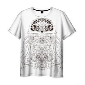Мужская футболка 3D с принтом Сова в Екатеринбурге, 100% полиэфир | прямой крой, круглый вырез горловины, длина до линии бедер | сова чернобелое