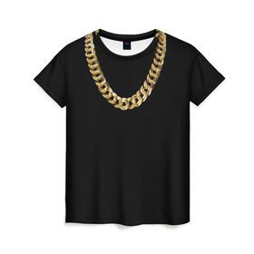 Женская футболка 3D с принтом Золотая цепь в Екатеринбурге, 100% полиэфир ( синтетическое хлопкоподобное полотно) | прямой крой, круглый вырез горловины, длина до линии бедер | драгоценность | золотая цепь | золото | украшение | фон | черный