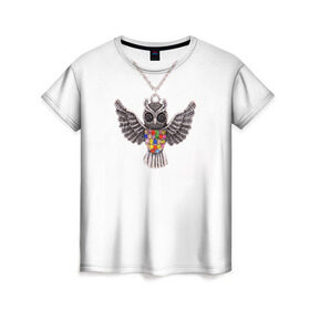 Женская футболка 3D с принтом Золотая сова в Екатеринбурге, 100% полиэфир ( синтетическое хлопкоподобное полотно) | прямой крой, круглый вырез горловины, длина до линии бедер | крылья | сова