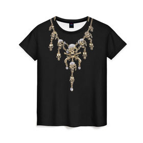 Женская футболка 3D с принтом Золотые черепа в Екатеринбурге, 100% полиэфир ( синтетическое хлопкоподобное полотно) | прямой крой, круглый вырез горловины, длина до линии бедер | 13 | бриллианты | драгоценность | золото | золотые черепа | оружие | пираты | пистолеты | тринадцать | украшение | цепь