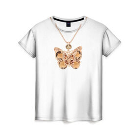 Женская футболка 3D с принтом Золотая бабочка в Екатеринбурге, 100% полиэфир ( синтетическое хлопкоподобное полотно) | прямой крой, круглый вырез горловины, длина до линии бедер | бабочка