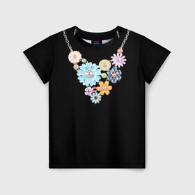 Детская футболка 3D с принтом Ожерелье в Екатеринбурге, 100% гипоаллергенный полиэфир | прямой крой, круглый вырез горловины, длина до линии бедер, чуть спущенное плечо, ткань немного тянется | белое | бижутерия | бусы | золото | камни | ожерелье | украшение | цветы | цепь