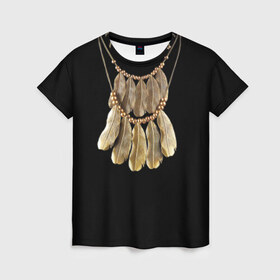Женская футболка 3D с принтом Золотые перья в Екатеринбурге, 100% полиэфир ( синтетическое хлопкоподобное полотно) | прямой крой, круглый вырез горловины, длина до линии бедер | бусы | драгоценность | золото | золотые перья | украшение | цепь