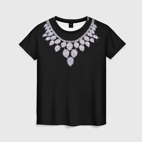 Женская футболка 3D с принтом Бриллиантовое ожерелье в Екатеринбурге, 100% полиэфир ( синтетическое хлопкоподобное полотно) | прямой крой, круглый вырез горловины, длина до линии бедер | бриллианты | драгоценность | золотое ожерелье | камни | лепестки | цепь