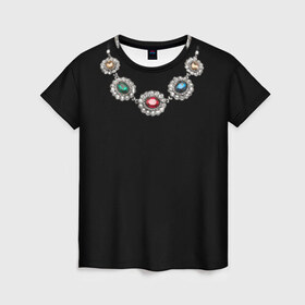 Женская футболка 3D с принтом Ожерелье в Екатеринбурге, 100% полиэфир ( синтетическое хлопкоподобное полотно) | прямой крой, круглый вырез горловины, длина до линии бедер | бриллианты | драгоценность | золото | золотое | камни | ожерелье | цепь