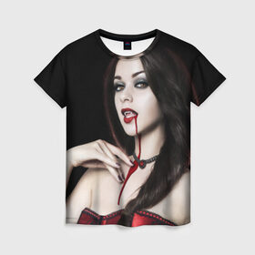 Женская футболка 3D с принтом Девушка вампир в Екатеринбурге, 100% полиэфир ( синтетическое хлопкоподобное полотно) | прямой крой, круглый вырез горловины, длина до линии бедер | кровь