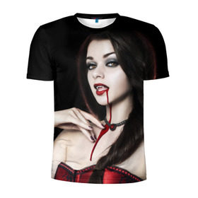 Мужская футболка 3D спортивная с принтом Девушка вампир в Екатеринбурге, 100% полиэстер с улучшенными характеристиками | приталенный силуэт, круглая горловина, широкие плечи, сужается к линии бедра | кровь