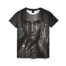 Женская футболка 3D с принтом Черная девушка в Екатеринбурге, 100% полиэфир ( синтетическое хлопкоподобное полотно) | прямой крой, круглый вырез горловины, длина до линии бедер | белое | блеск | бриллиант | девушка | драгоценности | золото | кольца | макияж | перстни | серебро | черная | эпатаж