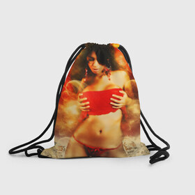Рюкзак-мешок 3D с принтом Огненная девушка в Екатеринбурге, 100% полиэстер | плотность ткани — 200 г/м2, размер — 35 х 45 см; лямки — толстые шнурки, застежка на шнуровке, без карманов и подкладки | брюнетка | ветер | вихрь | девушка | красный | огненная | огонь | страсть