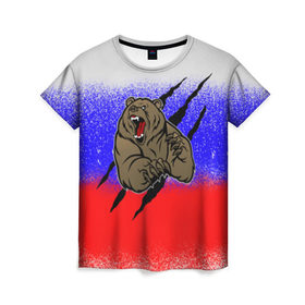 Женская футболка 3D с принтом Свирепый медведь в Екатеринбурге, 100% полиэфир ( синтетическое хлопкоподобное полотно) | прямой крой, круглый вырез горловины, длина до линии бедер | русь