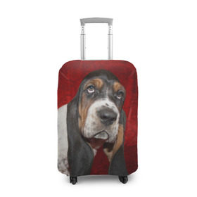 Чехол для чемодана 3D с принтом Бассет-хаунд в Екатеринбурге, 86% полиэфир, 14% спандекс | двустороннее нанесение принта, прорези для ручек и колес | Тематика изображения на принте: бархат | бассет хаунд | взгляд | домашнее | животное | порода | собака | уши