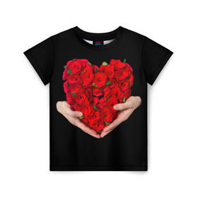 Детская футболка 3D с принтом Сердце в руках в Екатеринбурге, 100% гипоаллергенный полиэфир | прямой крой, круглый вырез горловины, длина до линии бедер, чуть спущенное плечо, ткань немного тянется | 8 марта | любовь | подарок | праздник | розы | руки | сердце