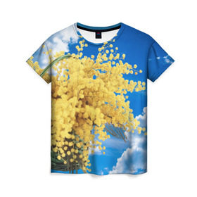 Женская футболка 3D с принтом Мимозы в Екатеринбурге, 100% полиэфир ( синтетическое хлопкоподобное полотно) | прямой крой, круглый вырез горловины, длина до линии бедер | 8 марта | весна | мимозы | небо | облака | цветы