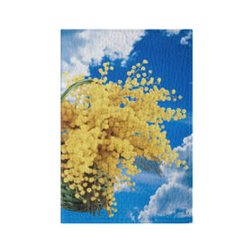 Обложка для паспорта матовая кожа с принтом Мимозы в Екатеринбурге, натуральная матовая кожа | размер 19,3 х 13,7 см; прозрачные пластиковые крепления | 8 марта | весна | мимозы | небо | облака | цветы