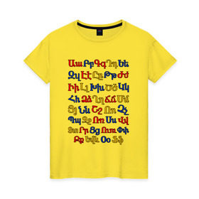 Женская футболка хлопок с принтом армянский алфавит в Екатеринбурге, 100% хлопок | прямой крой, круглый вырез горловины, длина до линии бедер, слегка спущенное плечо | алфавит | армения | армянский | армянский алфавит в цветах государственной символики армениинациональный | буквы