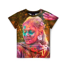 Детская футболка 3D с принтом Индуистский фестиваль красок в Екатеринбурге, 100% гипоаллергенный полиэфир | прямой крой, круглый вырез горловины, длина до линии бедер, чуть спущенное плечо, ткань немного тянется | Тематика изображения на принте: 