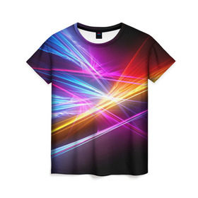Женская футболка 3D с принтом Лучи в Екатеринбурге, 100% полиэфир ( синтетическое хлопкоподобное полотно) | прямой крой, круглый вырез горловины, длина до линии бедер | кислотный | лучи | обстракция | радуга | свет | спектр | цвет | цвета | яркие