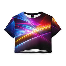 Женская футболка 3D укороченная с принтом Лучи в Екатеринбурге, 100% полиэстер | круглая горловина, длина футболки до линии талии, рукава с отворотами | кислотный | лучи | обстракция | радуга | свет | спектр | цвет | цвета | яркие