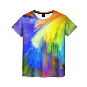 Женская футболка 3D с принтом Абстракция в Екатеринбурге, 100% полиэфир ( синтетическое хлопкоподобное полотно) | прямой крой, круглый вырез горловины, длина до линии бедер | кислотный | обстракция | радуга | свет | спектр | цвет | цвета | яркие