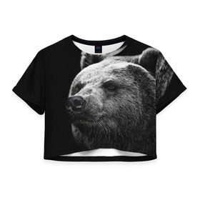 Женская футболка 3D укороченная с принтом Медведь в Екатеринбурге, 100% полиэстер | круглая горловина, длина футболки до линии талии, рукава с отворотами | бурый | дикий | животное | медведь | россия | символ | тайги | фото | хищник | хозяин | черно белое